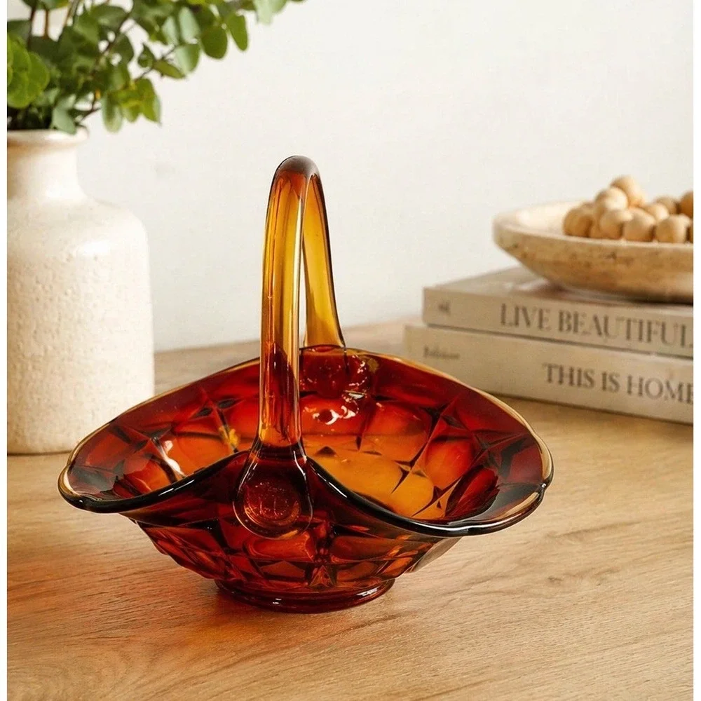 VTG Amberina Glass Basket sunset signed JD artist Jim Dunlavy Red Yellow GLOWS